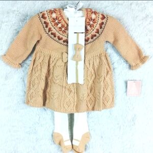 NWT Shabby Chic Knitted Dress Set in Tan and Cream - 3-6mo